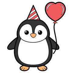 Cute Cartoon Penguin with Party Hat & Red Heart Balloon on Transparent Background