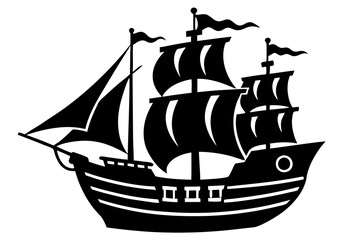pirate ship black silhouette vector, Simple silhouette Design vector icon with white background.