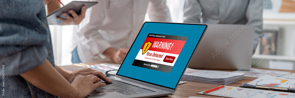 Poster Virus warning alert on computer screen detected brisk cyber threat , hacker, computer virus and malware