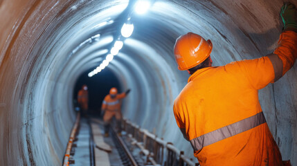 Workers in orange safety gear inspect concrete tunnel under construction, illuminated by bright lights. scene conveys sense of teamwork and modern engineering