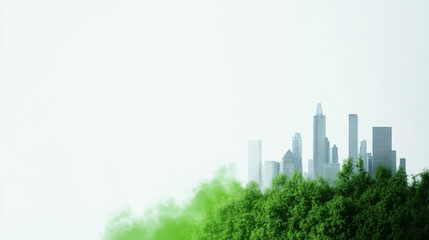 Fototapeta premium cityscape emerges from lush green forest, symbolizing contrast between urban development and nature. skyline is shrouded in light mist, creating serene yet thought provoking scene