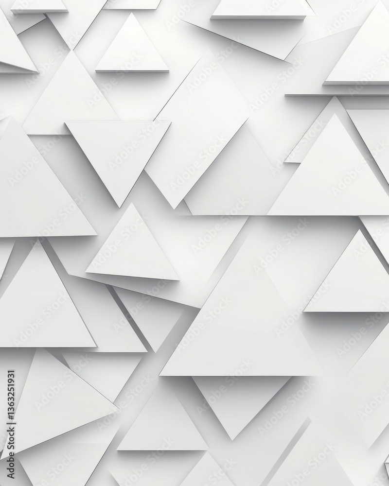 Poster minimalist composition of white triangles creating a geometric pattern with subtle shadows and clean