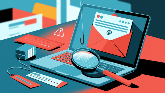Laptop with phishing email, magnifying glass, and credit cards, illustrating online fraud and security risks, symbolizing digital threats and the need for caution online