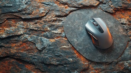 Gray computer mouse on a dark stone pad