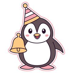 Cute Penguin Character Wearing Party Hat Holding Bell on Isolated White Background