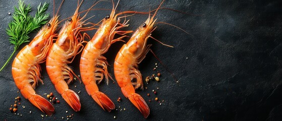 Fresh Prawns on Dark Slate Background with Dill Sprig Culinary Delight Seafood Still Life Food Photography Gourmet Presentation