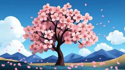Vibrant Spring Cherry Blossom Tree Illustration: Digital Painting of a Blossoming Tree Against a Mountain Landscape AI Generated