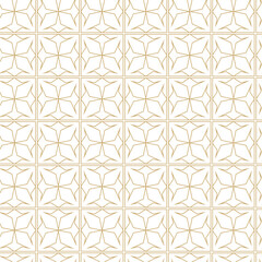 Abstract geometric pattern with crosses, stripes, lines. Seamless vector background. White and gold ornament. Modern reticulated graphic design.