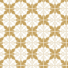 Fototapeta premium Abstract geometric pattern with crosses, stripes, lines. Seamless vector background. White and gold ornament. Modern reticulated graphic design.