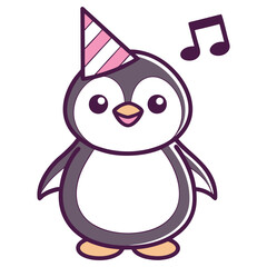Party Penguin Cartoon Icon with Pink Striped Hat and Music Note on Isolated