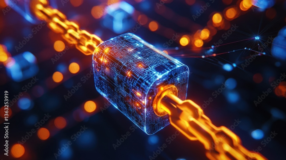 Poster Digital Chain Connection Block Technology with Glowing Circuitry and Data Transfer Network