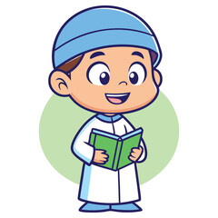 Cartoon Muslim Boy With Blue Kufi Hat Reads Green Book on Transparent Background