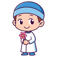 Cartoon Muslim Boy Holding Flower, Festive Outfit, Eid Celebration, Transparent BG