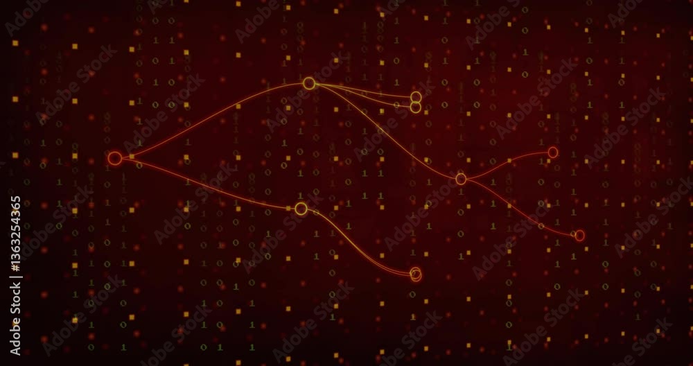 Poster animation of flowing red lines and nodes over digital binary code background
