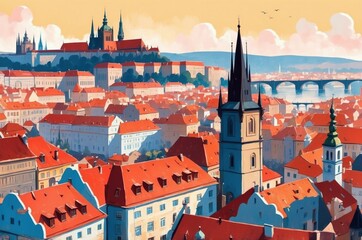 Obraz premium View of Prague with historic architecture and vibrant rooftops under a colorful sky during sunset