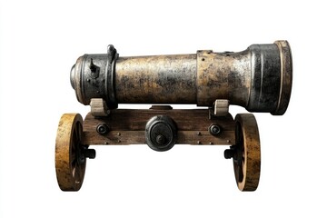 Antique Cannon on Wooden Carriage Against White Backdrop for Historical Illustrations