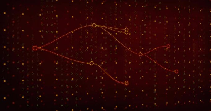 Animation of flowing red lines and nodes over digital binary code background