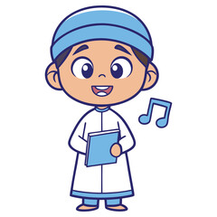 Fototapeta premium Cheerful Cartoon Arab Boy Holding Book with Music Notes, Isolated on Transparent Background