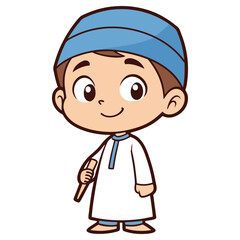 Smiling Cartoon Muslim Boy Holding Stick with Blue Turban on White Background