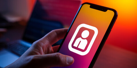 Hand holding smartphone displaying profile icon on colorful screen, representing online identity, social media, or digital profile management
