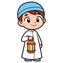 Cartoon Arab Boy in Thobe Holding Lantern Isolated with Transparent Background