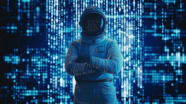 An astronaut in an advanced space suit stands confidently against a backdrop of cascading digital data patterns in a high tech environment