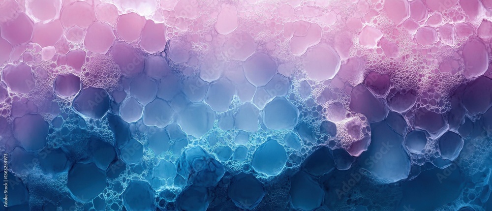 Poster mesmerizing abstract art with a gradient of pink and blue bubbles creating a dreamy and ethereal vis
