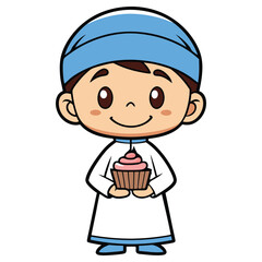 Cartoon Muslim Boy Holding Pink Cupcake in Traditional Dress on White Background