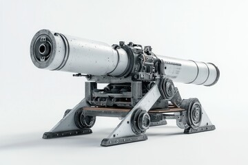 Fototapeta premium Isolated Cannon Displaying Its Metallic and Mechanical Intricacies on White Background