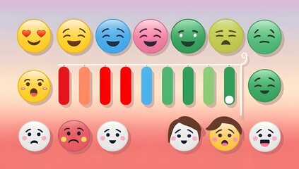 Naklejka premium Colorful Emoji Faces Mood Meter with Emotional Scale on Pastel Background in Flat Design for Digital Illustration and Social Media Icons
