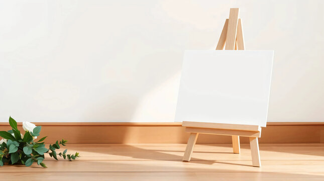 Wooden blank white easel mockup. Board for wedding inscription.