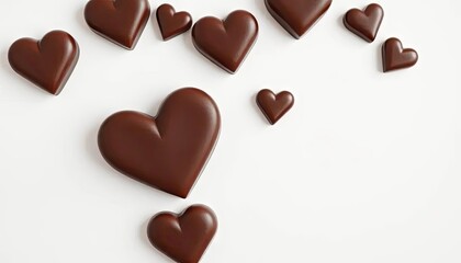 Fototapeta premium Dark chocolate hearts scattered on white background. Romantic, sweet treat