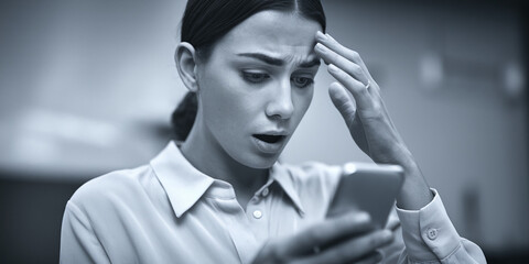Close-up of woman looking shocked at phone, hand on forehead, monochrome, depicting anxiety or surprise, conveying digital stress or unexpected news