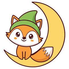 Cartoon Fox with Green Hat Sitting on a Crescent Moon with White Background