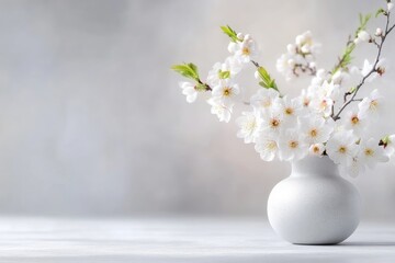 Delicate white blossoms in a simple vase. Soft, springtime ambiance