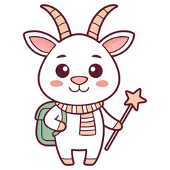 Cartoon goat with backpack and star wand on white transparent background