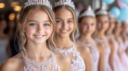 Seven young girls wearing beautiful dresses and sparkling tiaras stand in a line, radiating joy and confidence at a beauty pageant held in a festive atmosphere