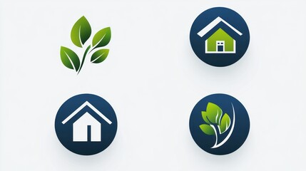 Eco-friendly home icons; green leaves, house symbols; white background; website design