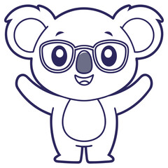 Cartoon Koala with Glasses, Smiling, Arms Up, Outline Style, on Transparent Background