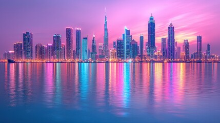 Fototapeta premium A futuristic city skyline, glowing with neon lights and towering skyscrapers, encapsulating the energy and innovation of a high-tech metropolis. 