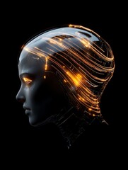 Obraz premium Mind: Artificial Intelligence Concept - Abstract profile of a robotic head with glowing neural pathways, illustrating AI and futuristic technology