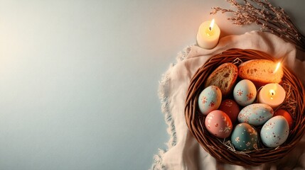 flat lay of traditional orthodox easter basket filled with painted eggs bread and candles arranged on linen cloth