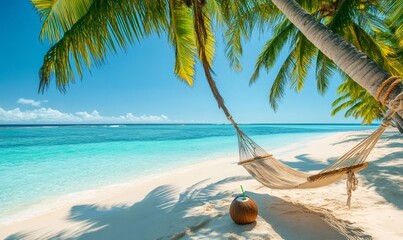 Hammock hanging between two palm trees on a tropical beach with a fresh coconut drink in the foreground