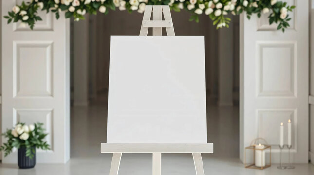 Wooden blank white easel mockup. Board for wedding inscription.