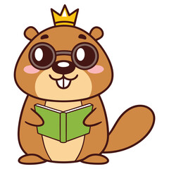 Cute Cartoon Beaver King Reading Book, Wearing Glasses & Golden Crown on Head