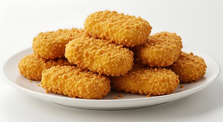 Pile of Golden Fried Chicken Nuggets on White Plate Ready to Eat