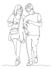 Young couple in glasses using phone and walking arm in arm. Woman wear mini dress. Front view. Continuous line drawing. Black and white vector in line art style.