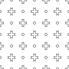 Seamless surface pattern design with Moroccan stars and crosses tiles ornament. Oriental traditional ornamentation with repeated geometric shapes. Ancient mosaic wallpaper. Grid motif. Digital paper.