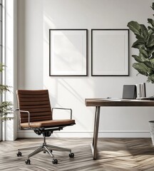 Modern home office with leather chair, desk, and artwork.