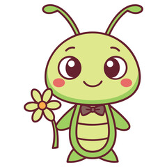Cute Green Bug with a Bow Tie Holding Flower on Transparent Background Cartoon